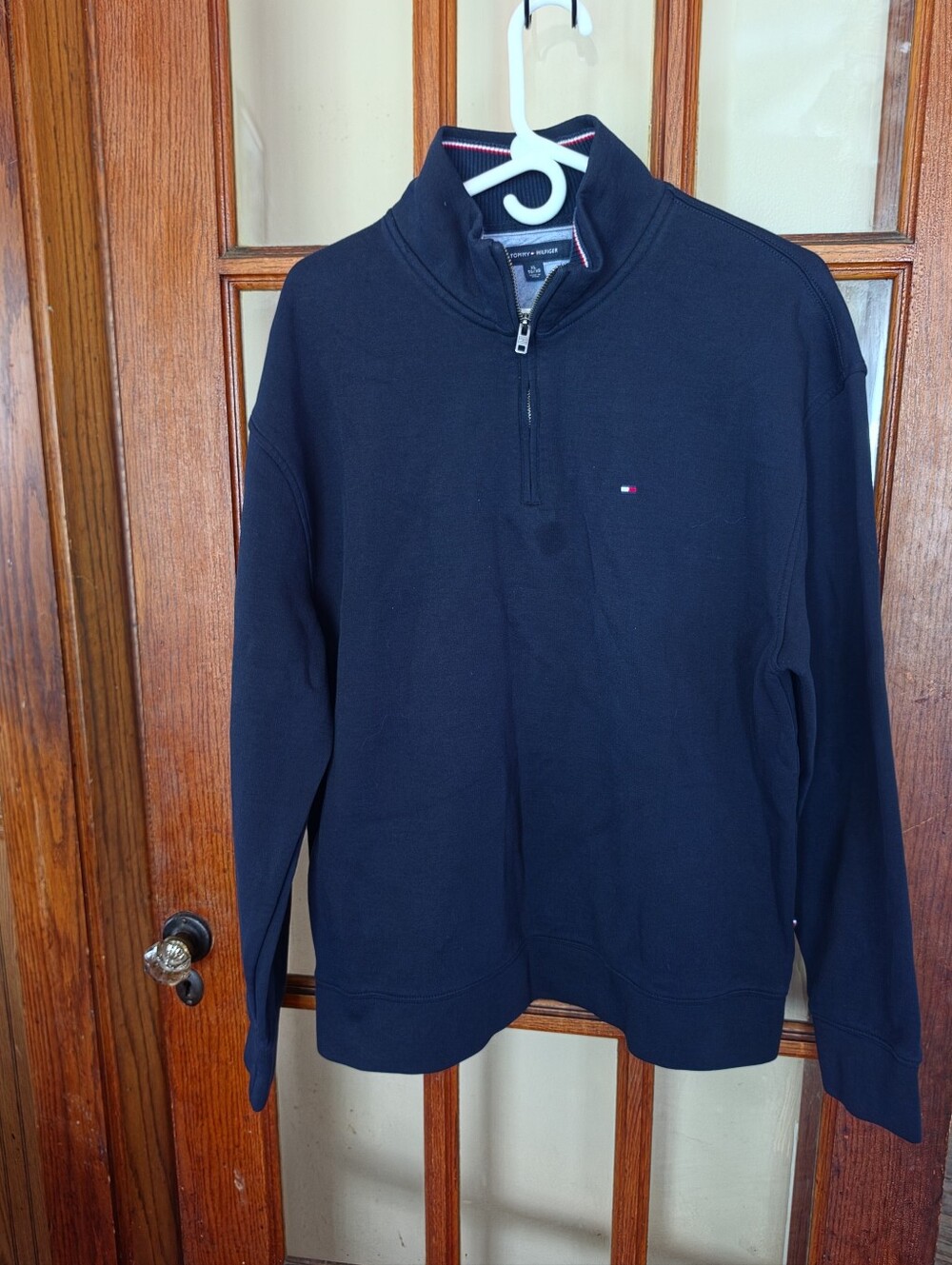 Tommy Hilfiger Men's Navy Blue Quarter Zip Pullover Sweater Flag Logo Size XL